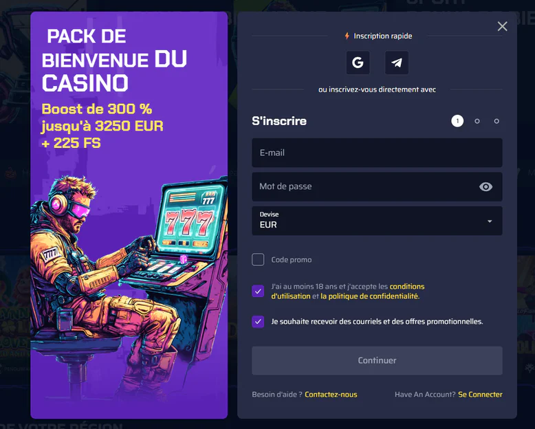 Betory Casino formulaire d'inscription avec bonus de bienvenue de 300 % jusqu'à 3 250 € et 225 tours gratuits, champs e-mail, mot de passe et choix de devise