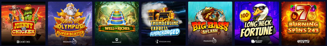 Betory Casino sélection de machines à sous avec Johnny vs Chicken, Gates of Olympus Super Scatter, Well of Riches, Thunderline Express Supercharged, Big Bass Splash, Long Neck Fortune et Burning Spins 243